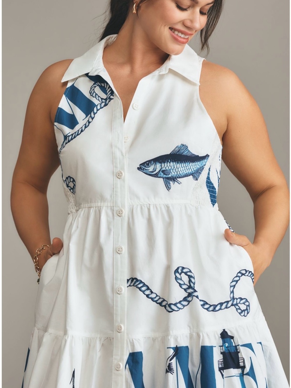 Maeve White & Navy Nautical Button-Front Midi Dress - Picture 3 of 13